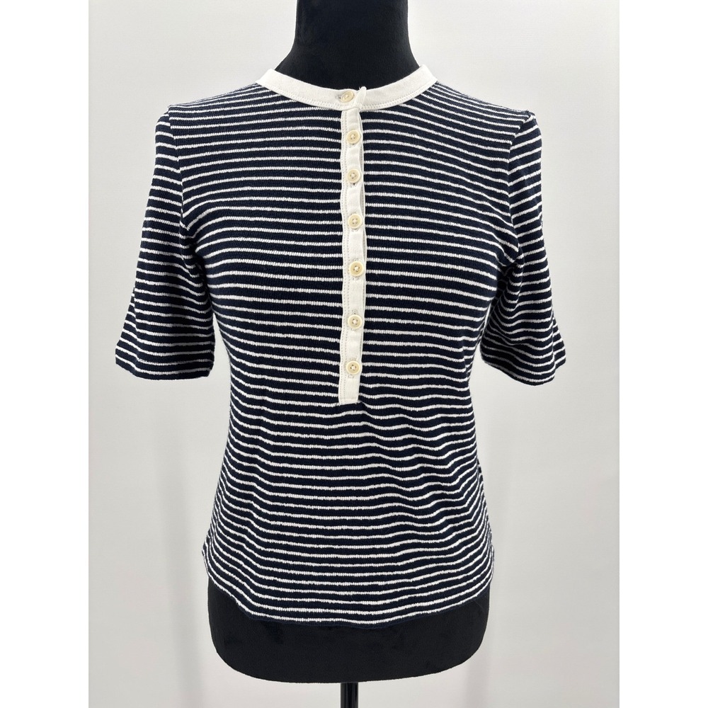 Madewell Blue White Striped Terry Cloth Henley Short Sleeve Top size XS NW863 - Picture 6 of 13